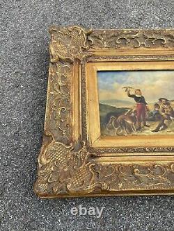 Antique Old Signed Oil Painting Explorers Dogs Parrots Old Label Art