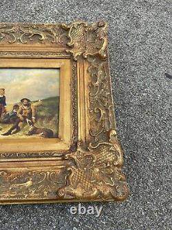 Antique Old Signed Oil Painting Explorers Dogs Parrots Old Label Art