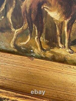 Antique Old Signed Oil Painting Explorers Dogs Parrots Old Label Art