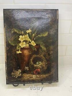 Antique Old Still Life Oil Painting Floral On Canvas Signed 14 By 10