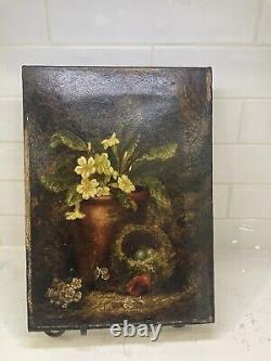 Antique Old Still Life Oil Painting Floral On Canvas Signed 14 By 10