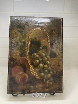 Antique Old Still Life Oil Painting Fruit On Canvas signed 14 by 10