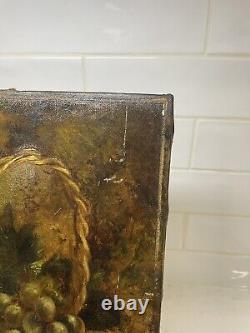 Antique Old Still Life Oil Painting Fruit On Canvas signed 14 by 10