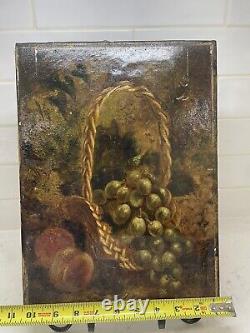 Antique Old Still Life Oil Painting Fruit On Canvas signed 14 by 10