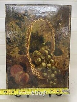 Antique Old Still Life Oil Painting Fruit On Canvas signed 14 by 10