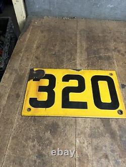 Antique Old Train Railroad RR Yellow Porcelain Number License Plate Tag Sign 320