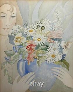 Antique Old Vintage Original Watercolor Painting Woman with Flowers Signed Sean