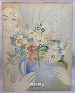 Antique Old Vintage Original Watercolor Painting Woman with Flowers Signed Sean