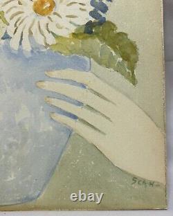 Antique Old Vintage Original Watercolor Painting Woman with Flowers Signed Sean