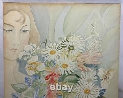 Antique Old Vintage Original Watercolor Painting Woman with Flowers Signed Sean