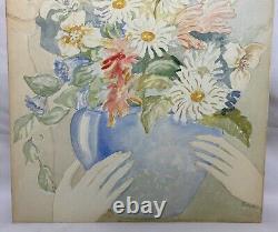 Antique Old Vintage Original Watercolor Painting Woman with Flowers Signed Sean