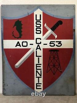 Antique Old WWII USS CALIENTE American Navy Painted Oil Sign, SAIPAN 1940s