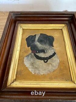 Antique Original DOG Oil Painting Primitive Naive Folk Art old frame signed