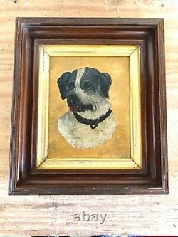 Antique Original DOG Oil Painting Primitive Naive Folk Art old frame signed