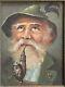 Antique Original Oil Painting Signed Old Bearded Man W Pipe Germany Wood Framed
