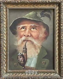 Antique Original Oil Painting Signed Old Bearded Man W Pipe Germany Wood Framed
