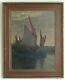 Antique Original Oil Painting On Board Sail Boat Harbor Night Scene 13x16.5 Old