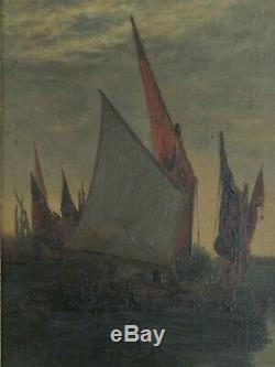 Antique Original Oil Painting on Board Sail Boat Harbor Night Scene 13x16.5 OLD