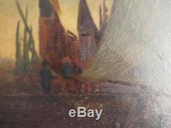 Antique Original Oil Painting on Board Sail Boat Harbor Night Scene 13x16.5 OLD