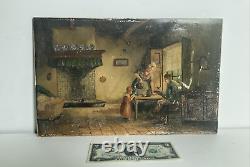 Antique Original Old Oil Painting Porcelain Tile -Family Hearth -Signed, 1868