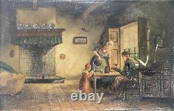 Antique Original Old Oil Painting Porcelain Tile -Family Hearth -Signed, 1868