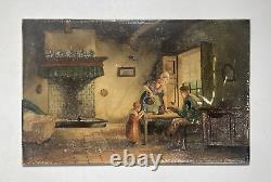 Antique Original Old Oil Painting Porcelain Tile -Family Hearth -Signed, 1868