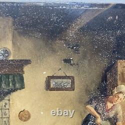 Antique Original Old Oil Painting Porcelain Tile -Family Hearth -Signed, 1868