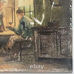 Antique Original Old Oil Painting Porcelain Tile -Family Hearth -Signed, 1868