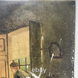 Antique Original Old Oil Painting Porcelain Tile -Family Hearth -Signed, 1868