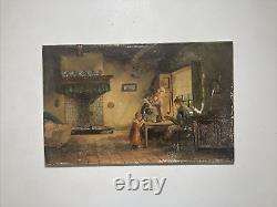 Antique Original Old Oil Painting Porcelain Tile -Family Hearth -Signed, 1868