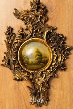 Antique Oval Convex Oil Painting Landscape Old Rococo Gilded Gilt Carved Frame