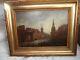Antique Painting, 1800s, Cityscape, 15 X 18, Old Gold Frame, Signed On Back