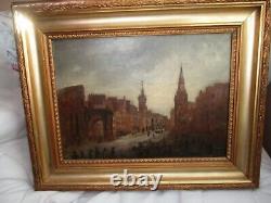 Antique Painting, 1800s, cityscape, 15 x 18, old gold frame, signed on back
