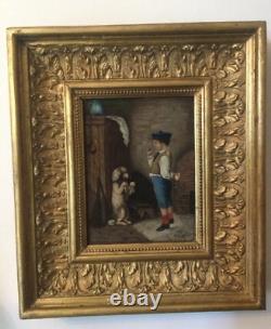Antique Painting Child Train Dog Signed G De Oil On Canvas Framed Rare Old 19th