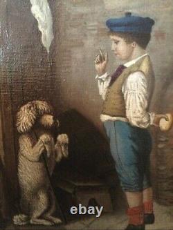Antique Painting Child Train Dog Signed G De Oil On Canvas Framed Rare Old 19th