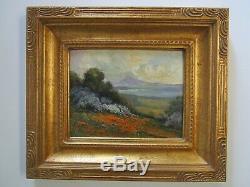 Antique Painting Early Old California Wild Flower Landscape Sea Coastal Poppies