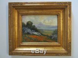 Antique Painting Early Old California Wild Flower Landscape Sea Coastal Poppies