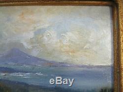 Antique Painting Early Old California Wild Flower Landscape Sea Coastal Poppies