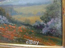 Antique Painting Early Old California Wild Flower Landscape Sea Coastal Poppies