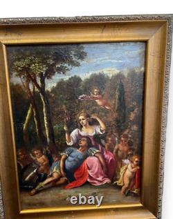 Antique Painting Oil Galante D. Pastor Putti Lady Man Sign Framed Rare Old 19th