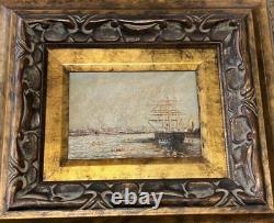 Antique Painting Oil On Canvas Boats Port E. Guilleux Frame Sign Rare Old 20th