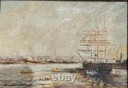 Antique Painting Oil On Canvas Boats Port E. Guilleux Frame Sign Rare Old 20th