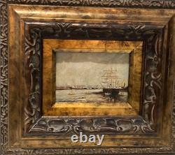 Antique Painting Oil On Canvas Boats Port E. Guilleux Frame Sign Rare Old 20th