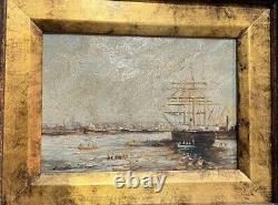 Antique Painting Oil On Canvas Boats Port E. Guilleux Frame Sign Rare Old 20th