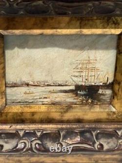 Antique Painting Oil On Canvas Boats Port E. Guilleux Frame Sign Rare Old 20th