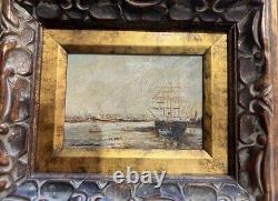 Antique Painting Oil On Canvas Boats Port E. Guilleux Frame Sign Rare Old 20th