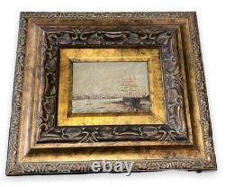 Antique Painting Oil On Canvas Boats Port E. Guilleux Frame Sign Rare Old 20th