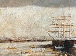Antique Painting Oil On Canvas Boats Port E. Guilleux Frame Sign Rare Old 20th