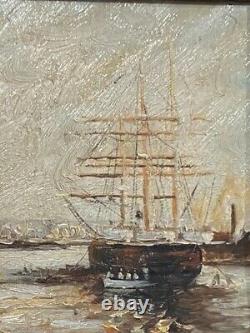 Antique Painting Oil On Canvas Boats Port E. Guilleux Frame Sign Rare Old 20th