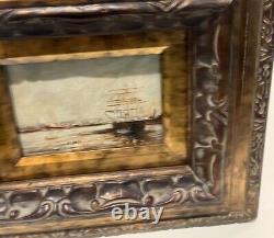 Antique Painting Oil On Canvas Boats Port E. Guilleux Frame Sign Rare Old 20th